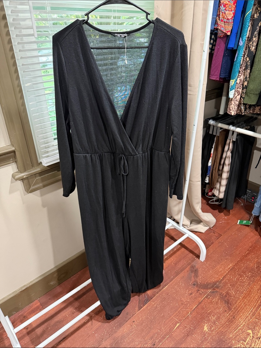 BloomChic Black V-Neck Long Sleeve Jumpsuit with Drawstring Waist